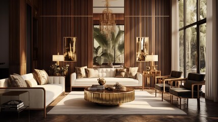  A modern Hollywood Regency interior featuring rustic furniture, showcasing the harmonious interplay of warm wooden textures against golden paneling, creating a timeless and inviting living space. - obrazy, fototapety, plakaty