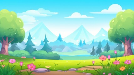 cartoon landscape with rolling hills, blooming flowers, and distant mountains under a clear sky