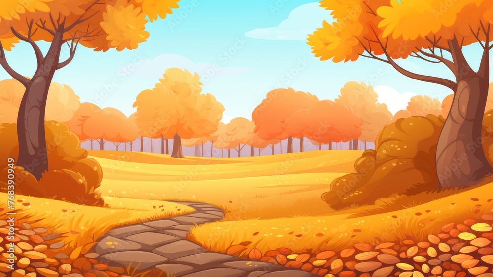 Wall mural cartoon autumn serenity unfolds in a vibrant landscape, where winding paths meet the embrace of colo