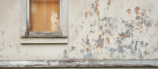 A closeup shot of a white facade wall with a rectangular window. The building material appears to be brick or composite material, contrasting with the hardwood floor