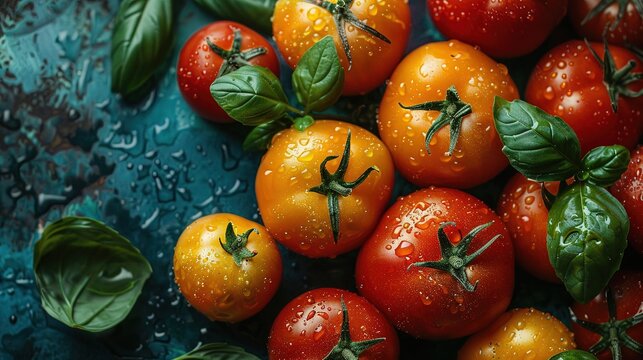 A beautiful presentation of tomatoes with basil on a flawless background. Food photos with copy space. Generative AI