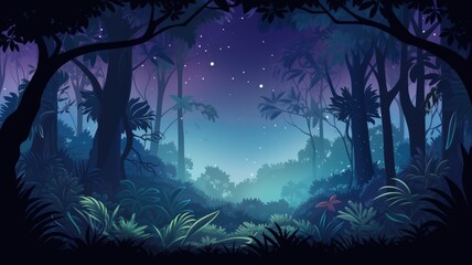 Enchanting cartoon  forest at night with a radiant moon, silhouetted trees, and stars over vibrant foliage