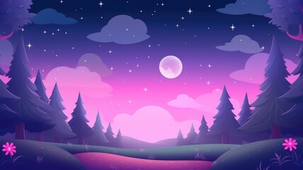 cartoon night landscape with a glowing moon, stars, and whimsical clouds in purples and pinks