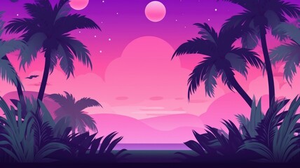 Fototapeta na wymiar cartoon tropical dusk with silhouetted palm trees under a gradient sky lit by two moons
