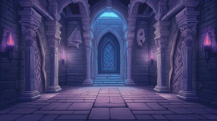 cartoon castle’s interior, aglow with torchlight, reveals towering walls and spiked barriers, creating an ominous yet beautiful - obrazy, fototapety, plakaty