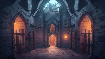 cartoon castle’s interior, aglow with torchlight, reveals towering walls and spiked barriers, creating an ominous yet beautiful - obrazy, fototapety, plakaty