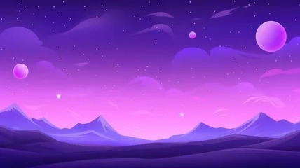 Foto op Plexiglas anti-reflex mystical purple landscape under a starry sky, with a glowing full moon over rocky terrain and distant mountains © chesleatsz