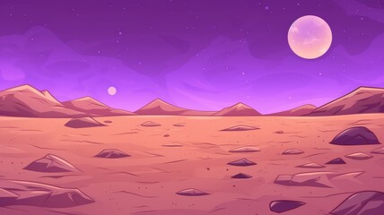 mystical purple landscape under a starry sky, with a glowing full moon over rocky terrain and distant mountains
