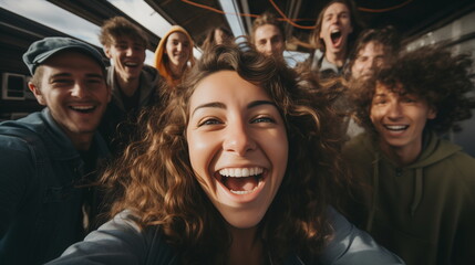 Excited young adults taking a group selfie in urban setting, laughter and fun expressions, dynamic shot. - obrazy, fototapety, plakaty