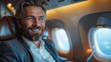 Obraz premium happy businessman is on the plane in first class