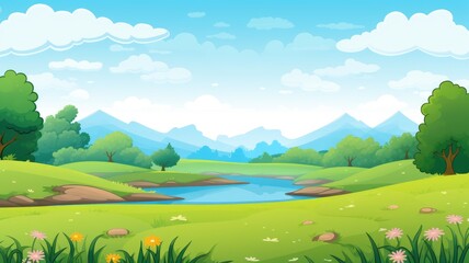 cartoon nature scene with a vibrant landscape, lush greenery, a clear blue stream, and distant mountains under a bright sky