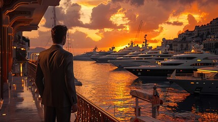A man wears a tailored evening suit while admiring the view of a cruise ship