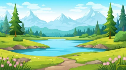 Fototapeta na wymiar cartoon nature scene with a vibrant landscape, lush greenery, a clear blue stream, and distant mountains under a bright sky