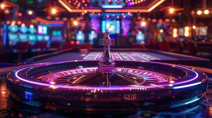 Casino's wheel of fortune, fantasy realm, neon enchantments, dreamlike vibe - obrazy, fototapety, plakaty