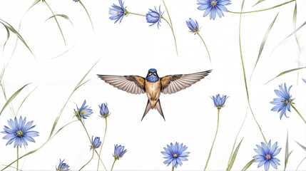 A Painting of a Cornflower Canvas: A Barn Swallow Soars Above a Sea of Blue Blooms, Unveiling a World of Mystery.