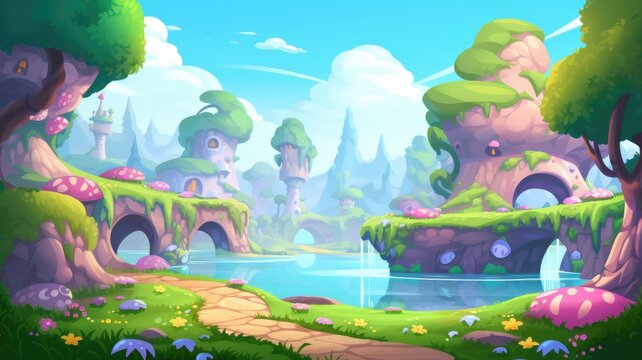 enchanting cartoon forest scene with whimsical trees and a mystical cave entrance, reflecting in a serene pond