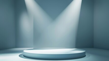 Abstract white background with empty stage for product presentation, blue light and shadows on the floor
