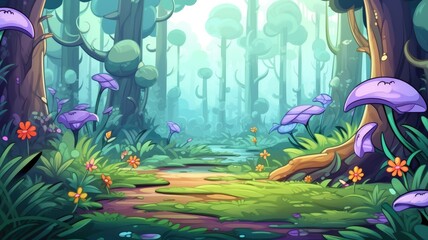 cartoon forest with vibrant colors, whimsical trees, and mystical mushrooms