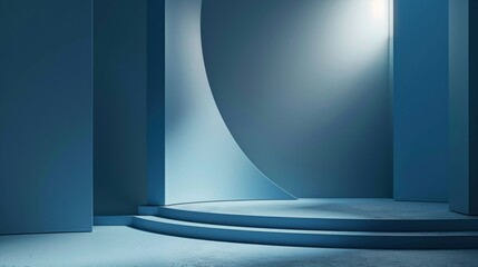 Abstract white background with empty stage for product presentation, blue light and shadows on the floor
