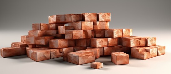A detailed view showing a bunch of bricks piled together on a smooth white area, emphasizing the rough texture and earthy tones of the construction materials