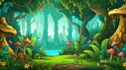 cartoon illustration ungle scene with twisted trees, colorful flowers, and a mysterious path