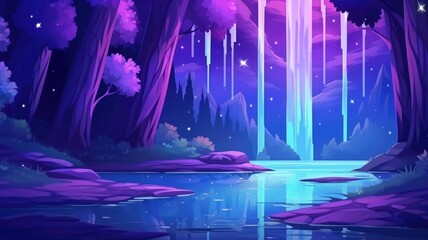 A magical night landscape with a glowing pond, dark trees with purple foliage cartoon illustration