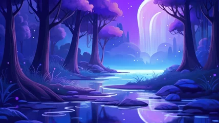 Fotobehang A magical night landscape with a glowing pond, dark trees with purple foliage cartoon illustration © chesleatsz
