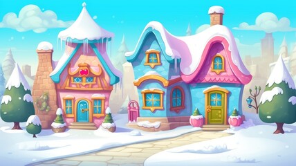 A cozy cottage in a snowy landscape, adorned with flowers, offers a warm cartoon illustration