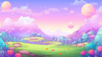 cartoon landscape with fluffy clouds, rolling hills, and mystical planets