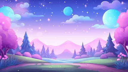 Wandcirkels aluminium cartoonn Whimsical landscape under starry skies with vibrant trees and twin moons © chesleatsz