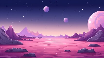 cartoon Alien landscape at dusk with rocky terrain, reflective lake, and moons in a starry sky