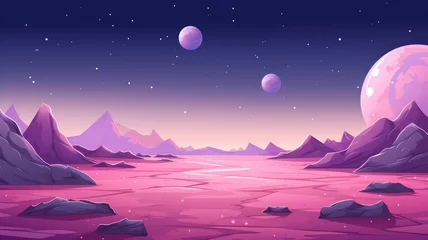 Keuken foto achterwand cartoon Alien landscape at dusk with rocky terrain, reflective lake, and moons in a starry sky © chesleatsz