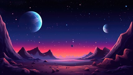 cartoon night scene with icy mountains under a starry sky, reflecting a radiant moon on a pinkish-purple lake