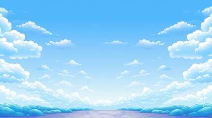 cartoon sky with fluffy clouds and misty mountains in shades of blue and white - obrazy, fototapety, plakaty