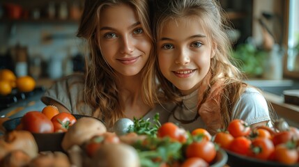 Mother and daughter cooking together in modern kitchen. Overjoyed mom have fun with girl at home, happy young mother teach cook together with daughter in modern kitchen. Cook concept. Family concept. 