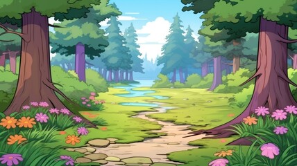 cartoon forest with a winding stream and lush greenery, creating a peaceful natural scene