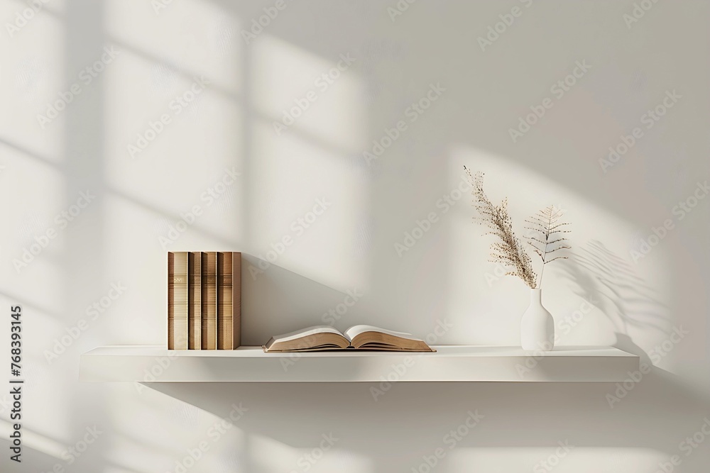 Poster a serene composition featuring books, an open book, and a vase with dried flowers on a white shelf a
