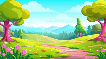 cartoon whimsical landscape with trees, hills, a path, and flowers under a clear sky
