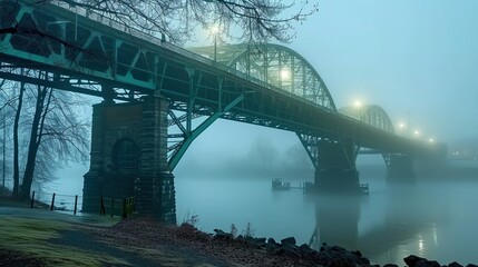 A bridge over the river in the morning fog. Mystical and mysterious atmosphere of the landscape....