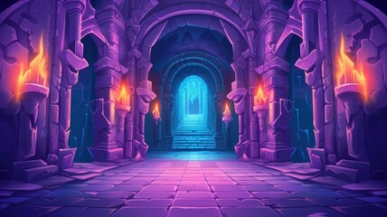 cartoon mystical castle hallway, aglow with torches, leading to an enchanting door - obrazy, fototapety, plakaty