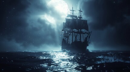 Pirate Ship Torn sails - obrazy, fototapety, plakaty