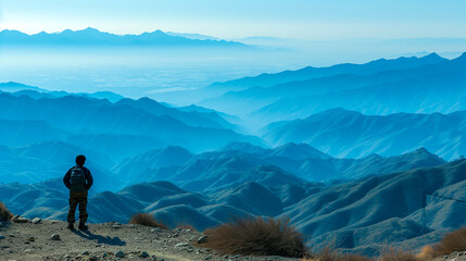 A lone hiker with a backpack overlooking layers of blue mountains under a clear sky, evoking adventure