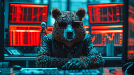 A bear in a suit with sunglasses in a red-lit room filled with financial stock market screens - obrazy, fototapety, plakaty