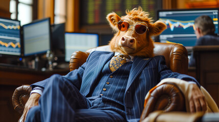 A bull in a pinstripe suit with sunglasses lounging in a leather armchair in front of stock market monitors - obrazy, fototapety, plakaty