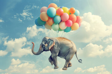 A cute elephant is flying in the sky with colorful balloons