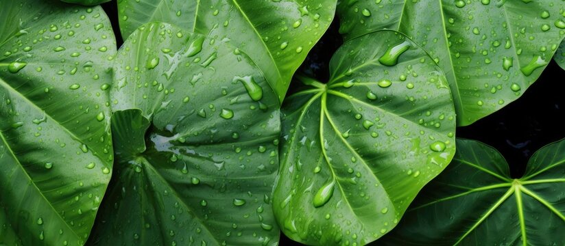 A macro shot of a green leaf adorned with glistening water droplets. This stunning image showcases the beauty of a terrestrial plant in its natural state