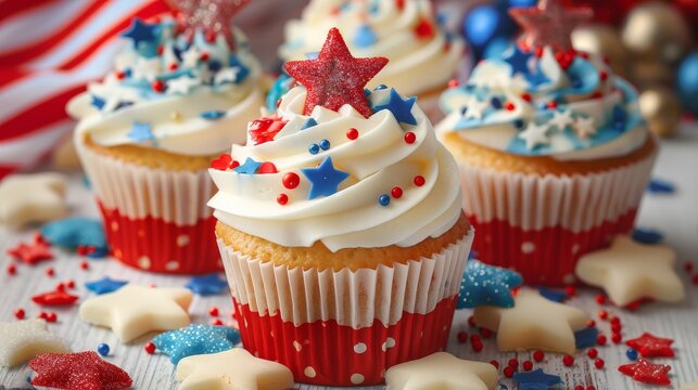 Three cupcakes with stars and red, white and blue frosting