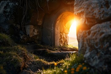 The Resurrection of Jesus Christ: Dramatic Lighting in an Empty Stone Tomb. Concept Easter Story, Religious Themes, Biblical Scenes, Spiritual Symbolism - obrazy, fototapety, plakaty