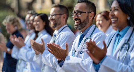 A group of happy doctors clapping and smiling in front of the camera, with some standing behind them to give their support. - obrazy, fototapety, plakaty