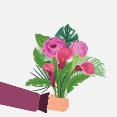 Hand Holding Pions, Callas and Tropical Leaves